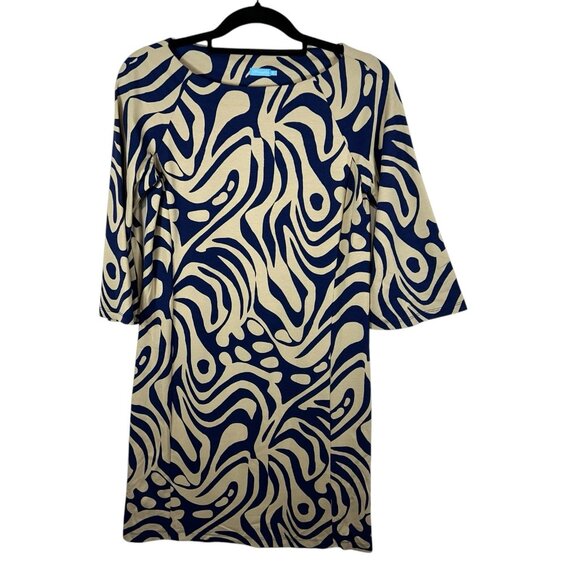 J. McLaughlin Campbell Boat Neck Navy/Beige‎ Puddle Print Dress Size XS - Picture 1 of 7